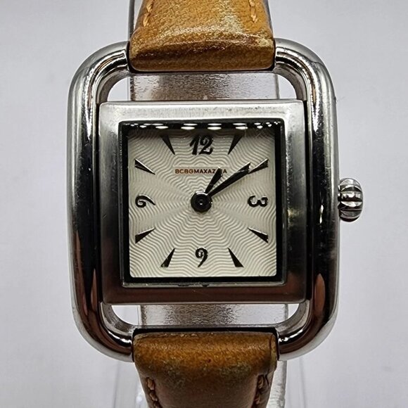 BCBGMAXAZRIA Watch Women's Stainless Steel  Square Silver Tan Leather Band‎ - Picture 1 of 13